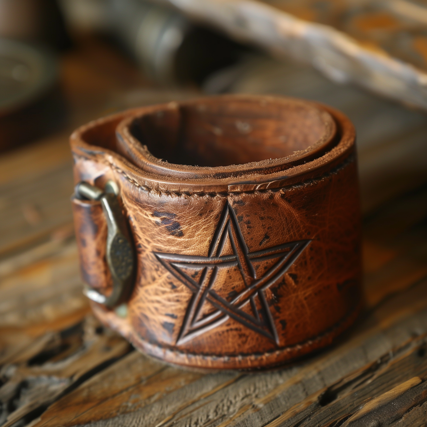 Handcrafted Vintage Leather Cuff with Pentacle Design